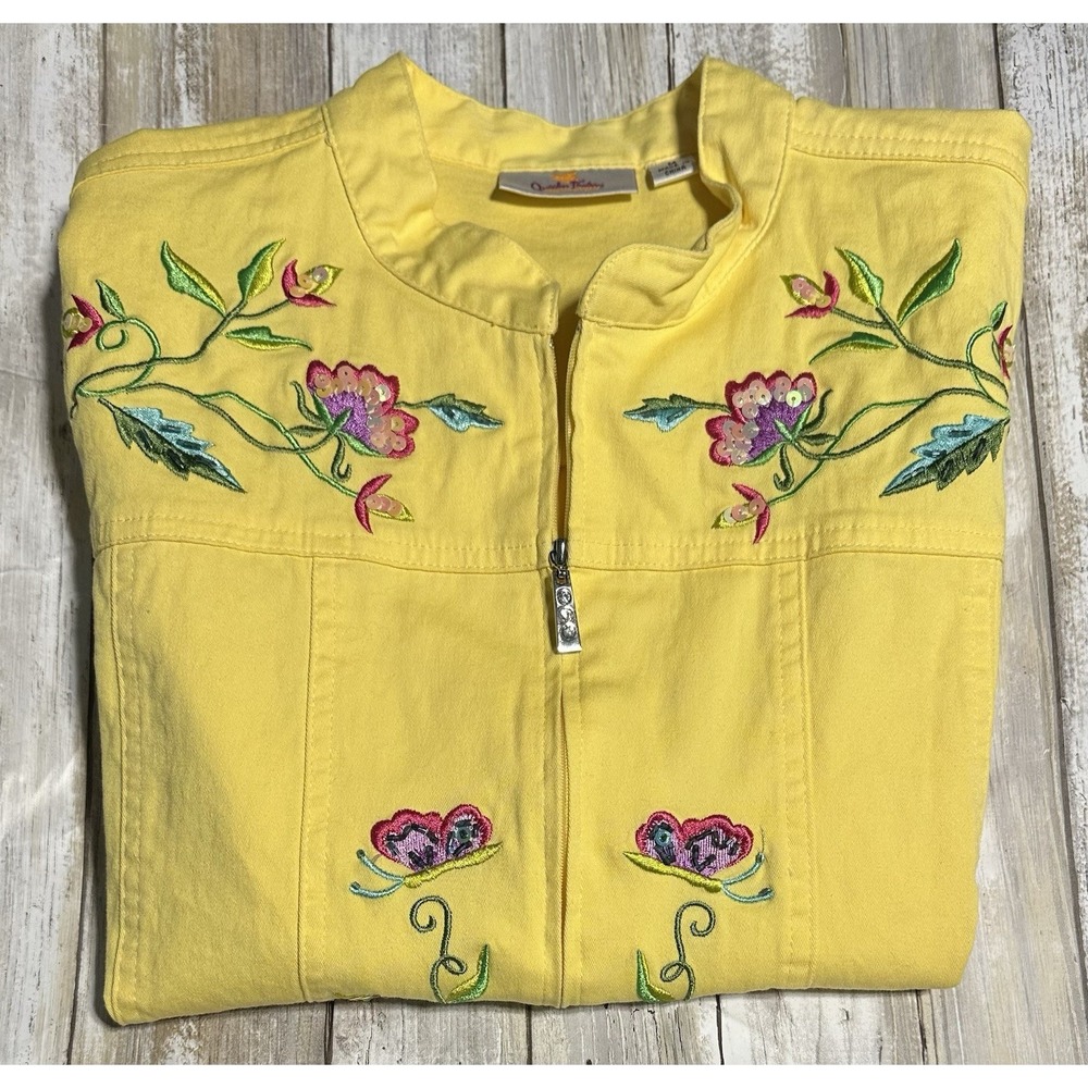 Quacker Factory Jacket Yellow Floral Embroidered Denim Butterfly Zip Medium‎